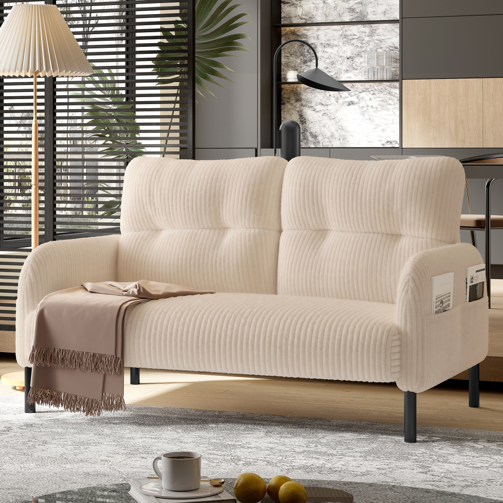 Sofá 2 plazas pana beige con bolsillo lateral y respaldo ergonómico