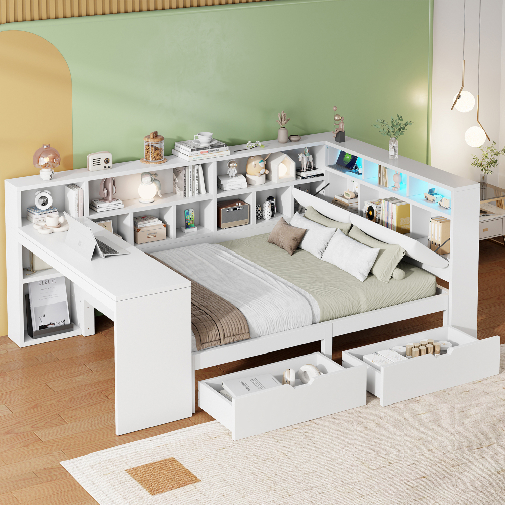 Cama 140x200cm multifuncional con escritorio, estantería y LED mdf – blanco