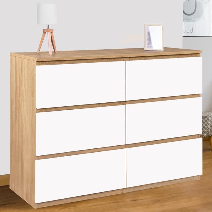Cómoda de 6 cajones - haya y blanco - 110 cm