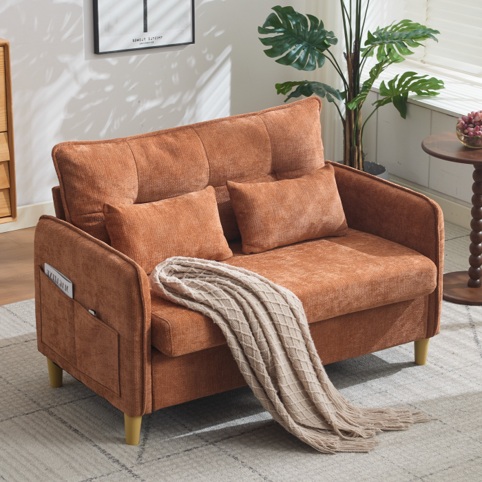 Sofá 2 plazas chenilla marrón 127cm con reposabrazos y bolsillos