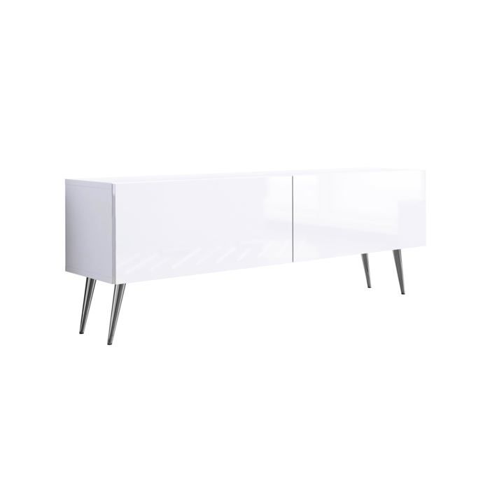 Mueble tv moderno - blanco mate/brillo - patas cromadas - 140x32x52 cm