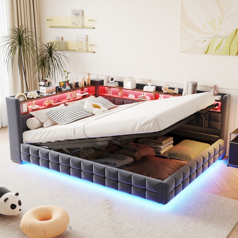 Sofá cama 140x200cm con canapé hidráulico LED y usb terciopelo gris oscuro