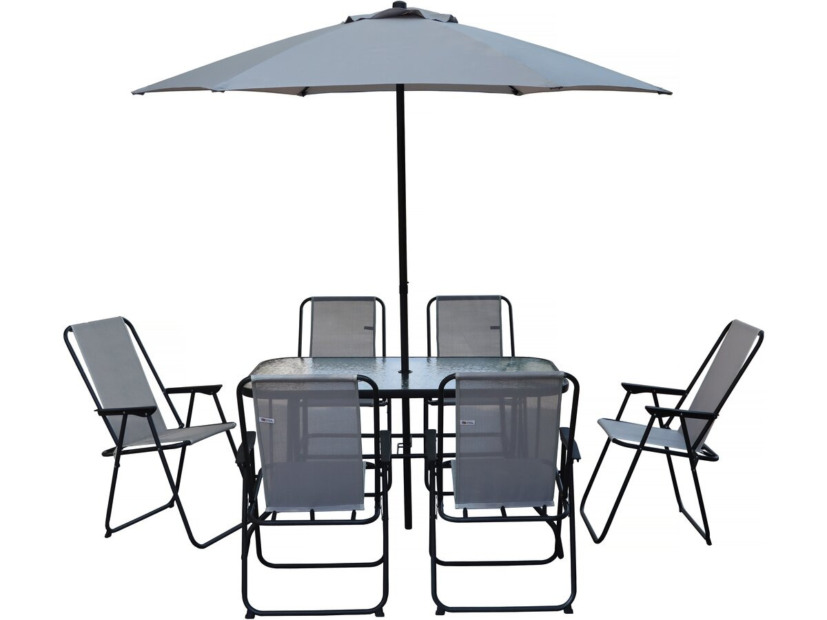 Mesa y sillas de jardín con sombrilla de metal <<convivia>> - 6 plazas - gr