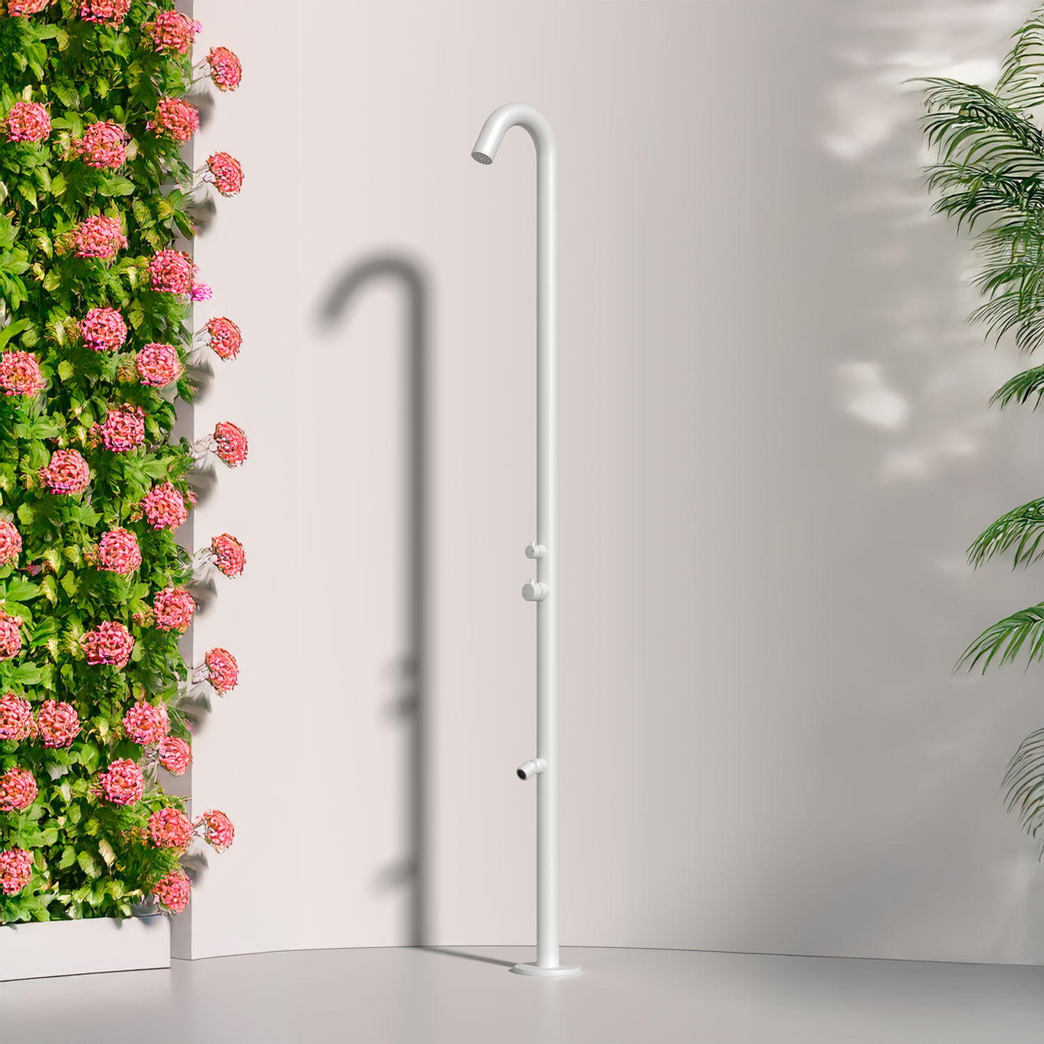 Ducha exterior blanca en acero inox 316l con mezclador y lavapies