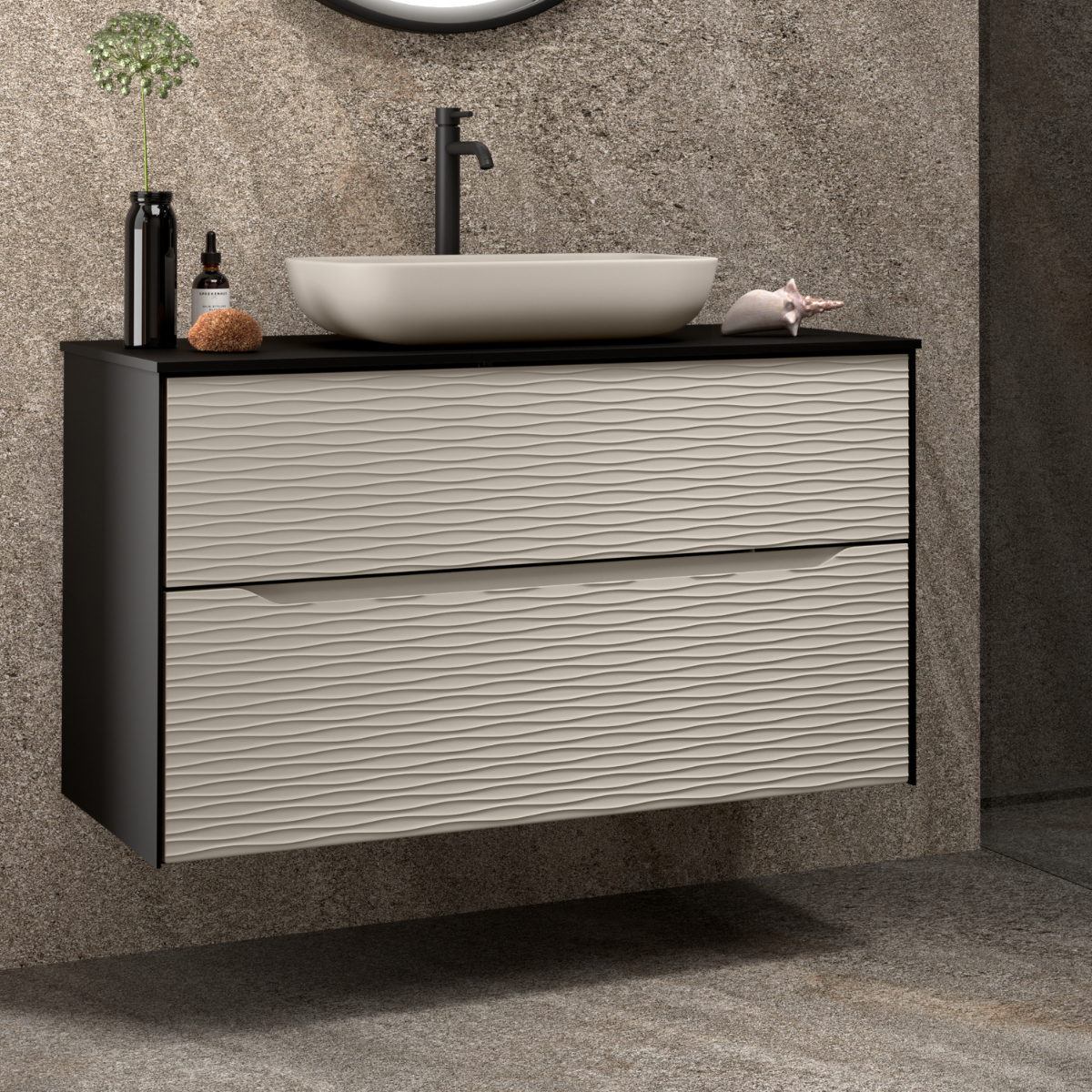 Mueble baño negro suspendido con lavabo negro | negro - blanco 100cm