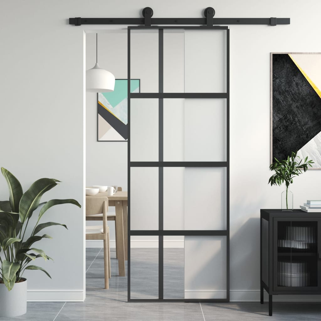 Puerta corredera vidrio templado y aluminio negra 76x205 cm esxt5891