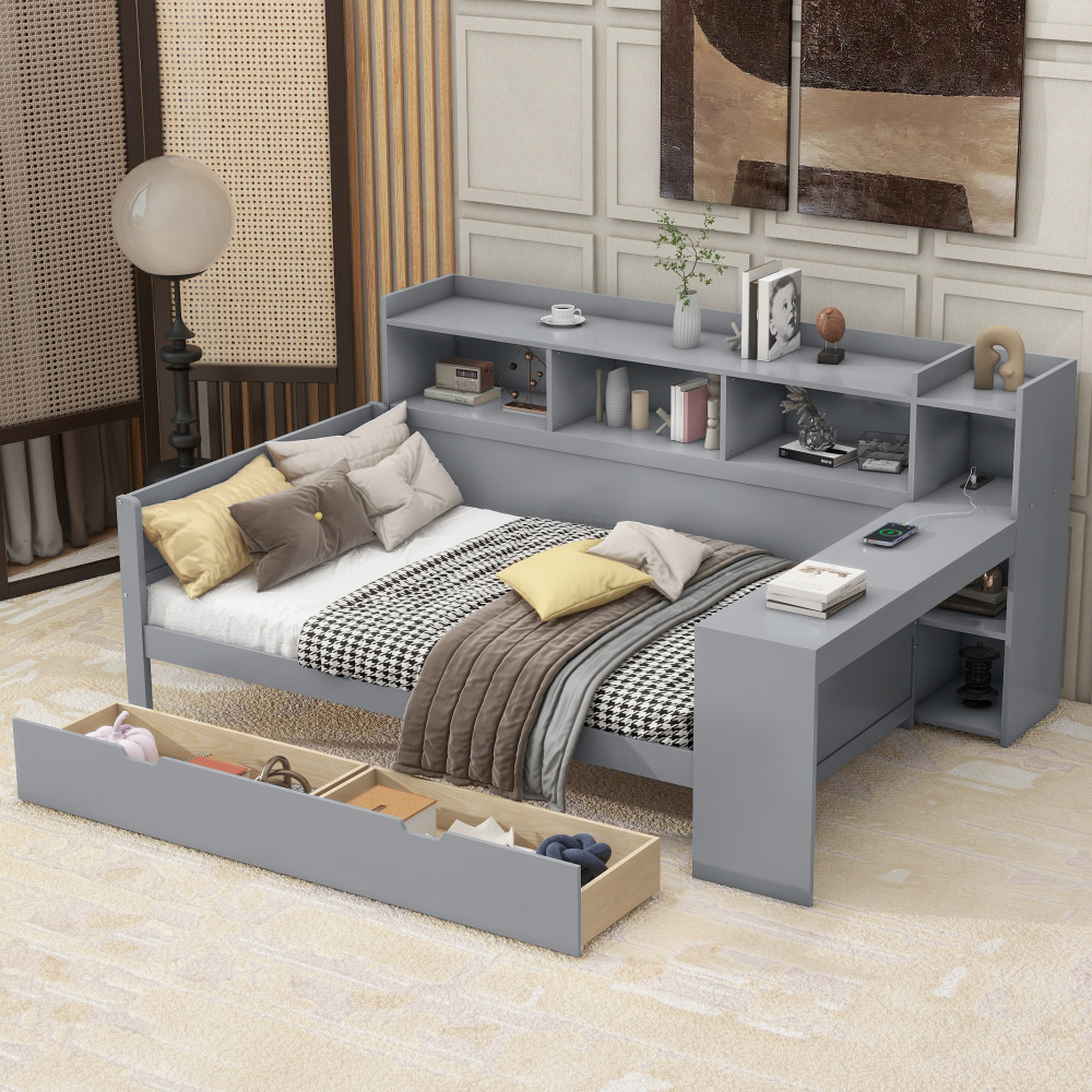 Sofá cama 90x200cm con escritorio cajones estantes usb madera mdf – gris