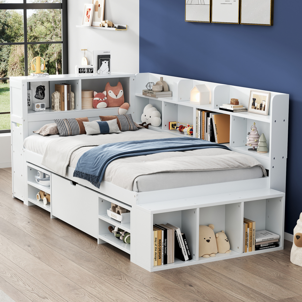 Cama individual 90x200cm con cajones y estantes contrachapado – blanco