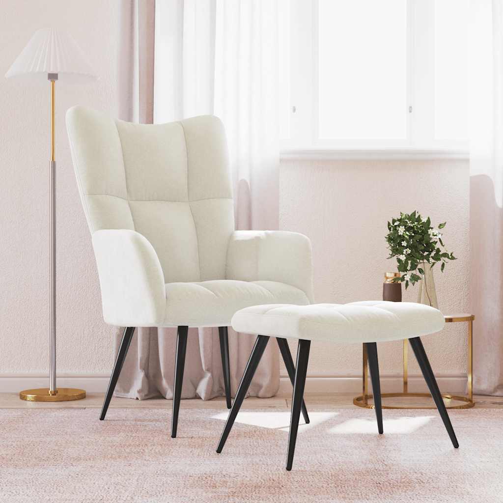 Sillón de relax con taburete terciopelo blanco crema qweo7178