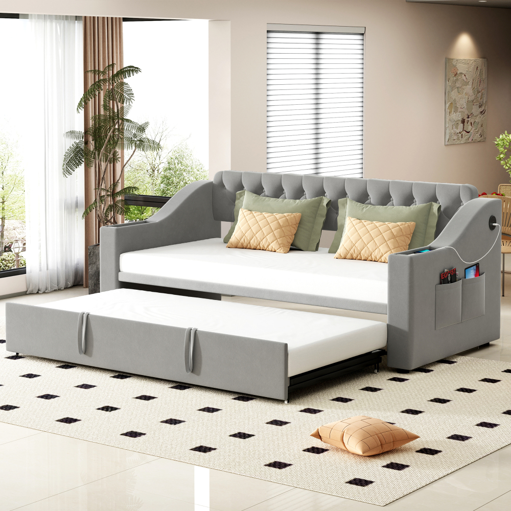 Cama nido 90/180x190cm, sofá cama con almacenaje y usb terciopelo gris