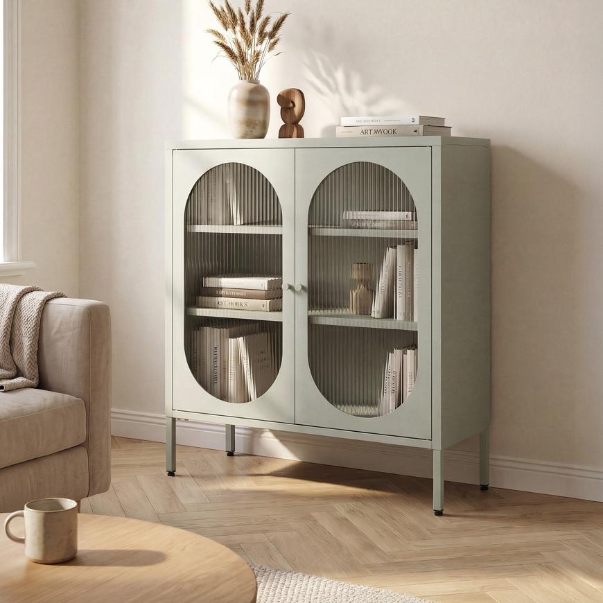 Aparador metal 2 puertas verde salvia vidrio acanalado 80cm eden