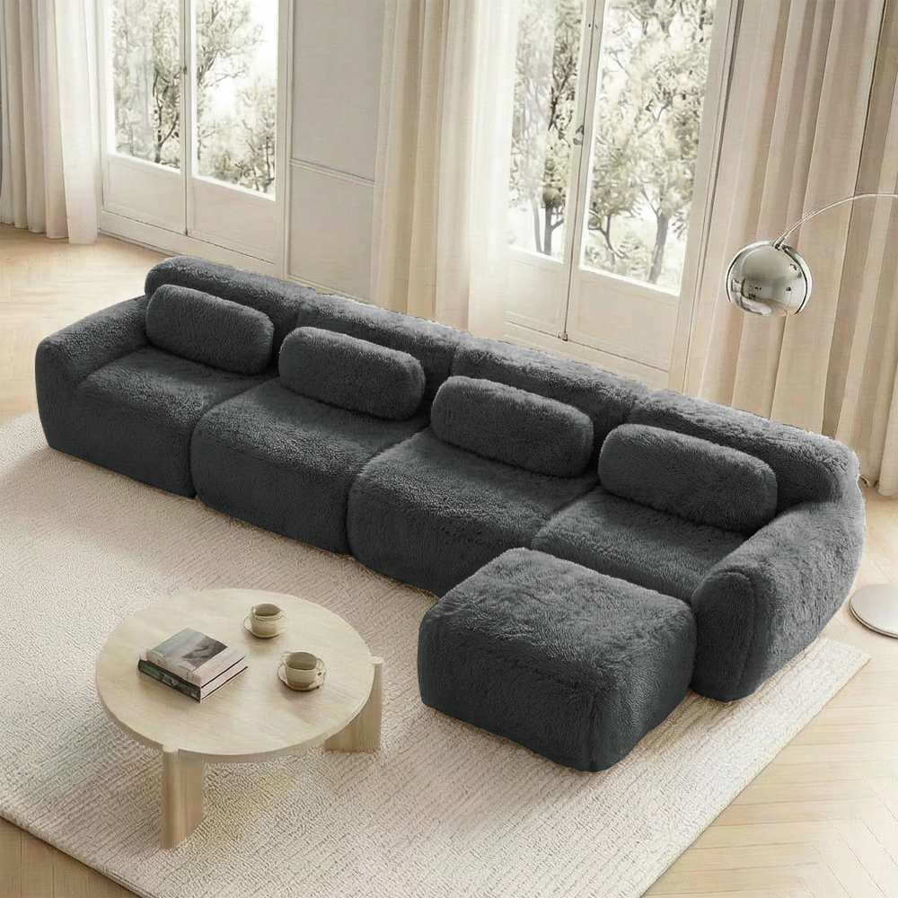 Sofá en l modular de felpa gris 4 plazas con chaise longue y cojines