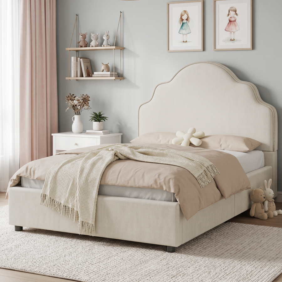 Cama infantil 90x200cm tapizada con cabecero en nube lino color beige