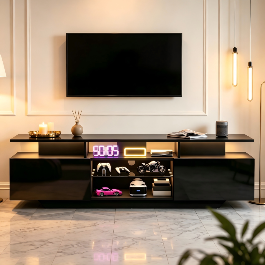 Mueble de tv con LED y 2 puertas negro 45x160x40cm