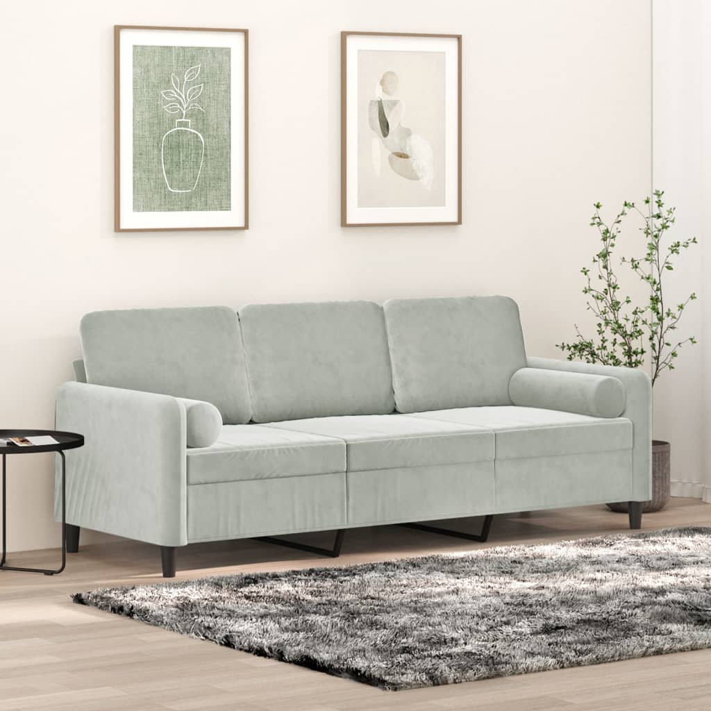 Sofá de 3 plazas con cojines terciopelo gris claro 180 cm es4994