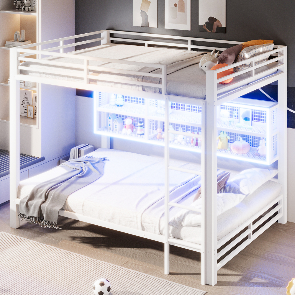 Litera 140x200cm con almacenaje y luz LED metal – blanco