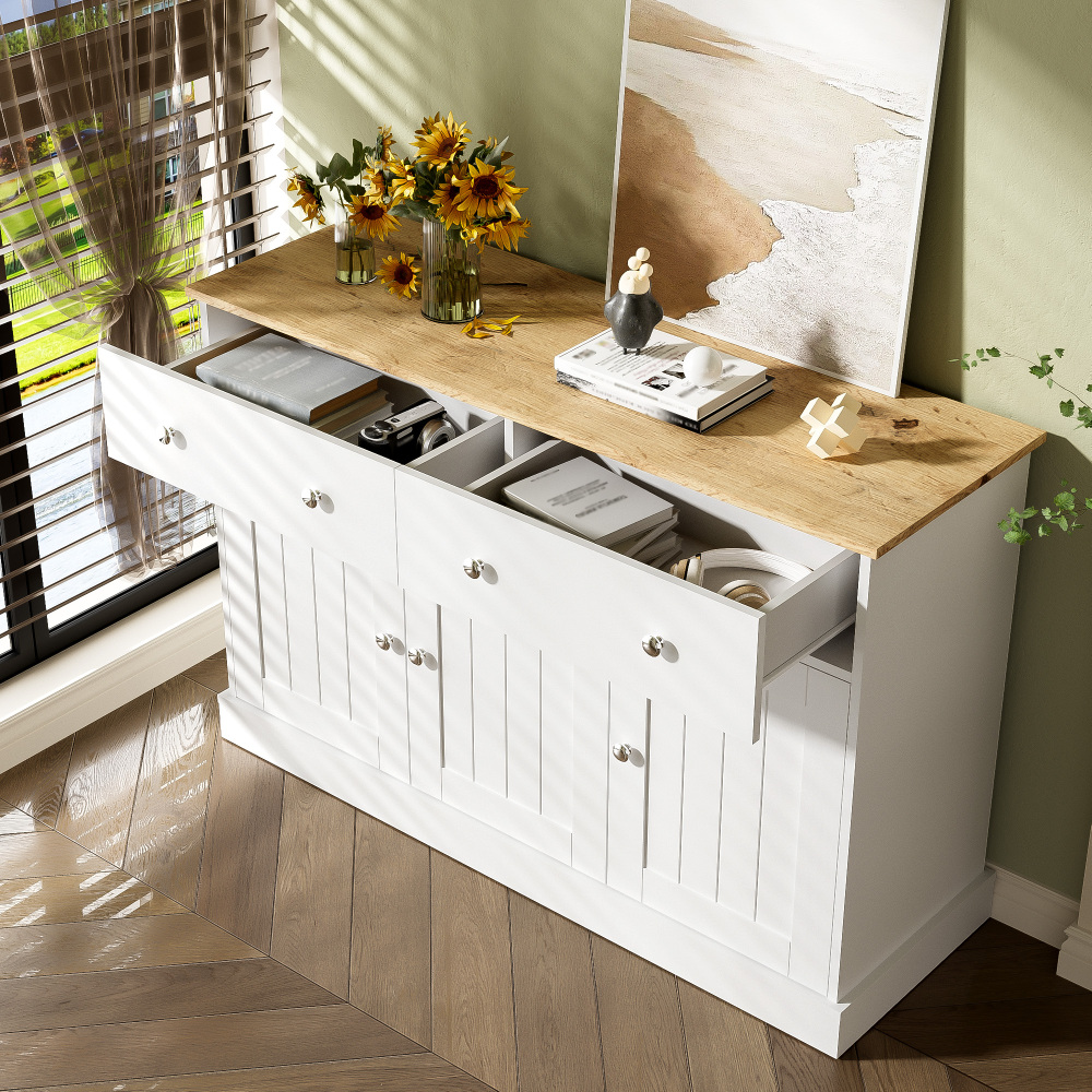 Aparador para salón 3 puertas 2 cajones blanco y madera 80,5x120x36cm