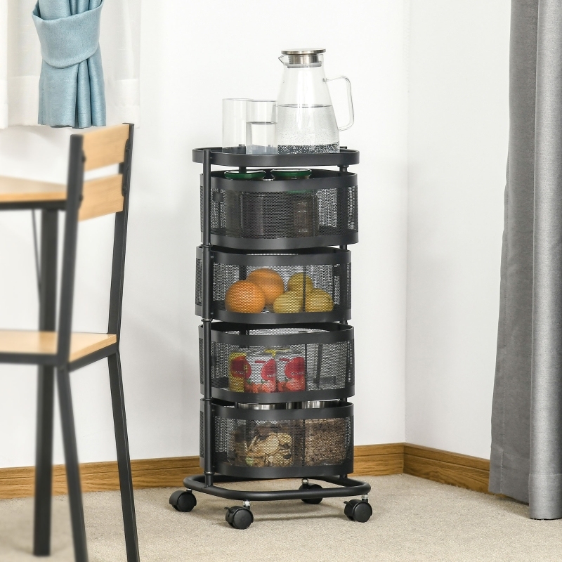 Carrito auxiliar giratorio de 4 niveles con ruedas acero negro 77x33x33cm
