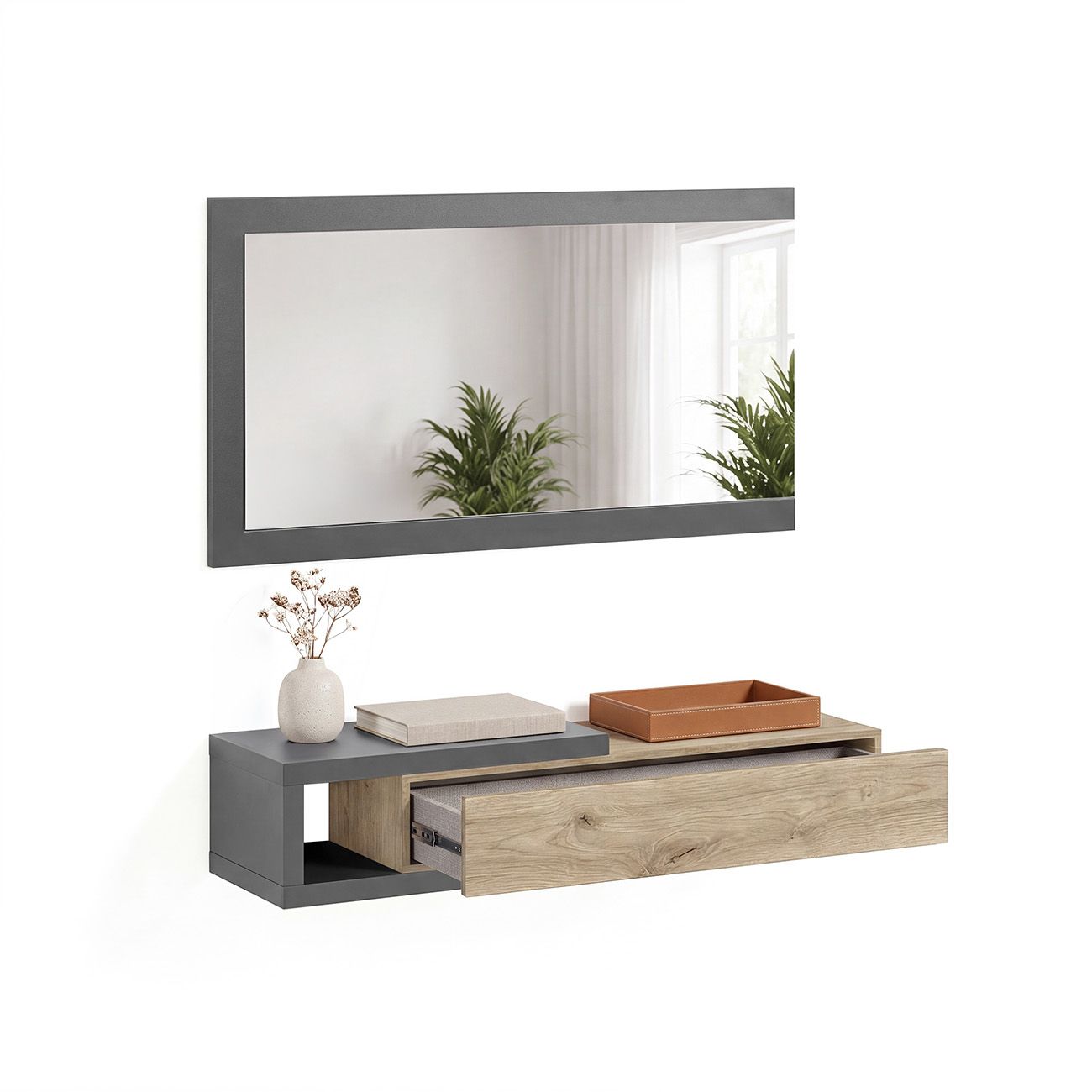 Mueble recibidor con 1 cajón y espejo 95 cm derek gris grafito - alpine oak