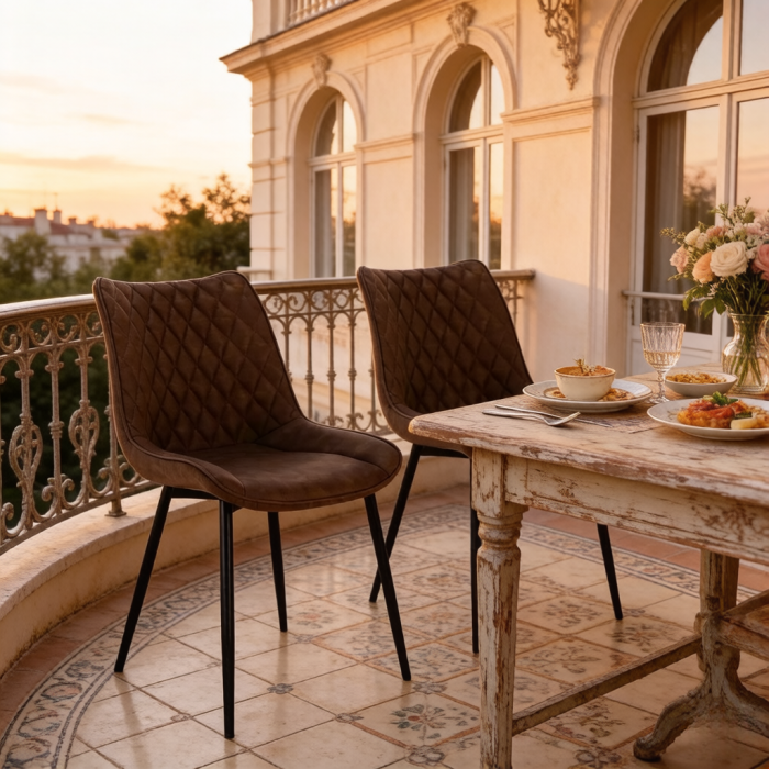 Silla de comedor de piel sintetica marron set de 2 con patas metalicas