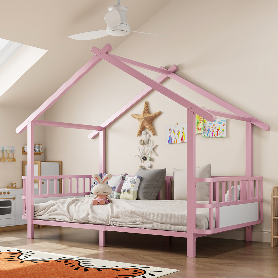 Cama infantil 90x200cm con techo y barandilla de metal rosa