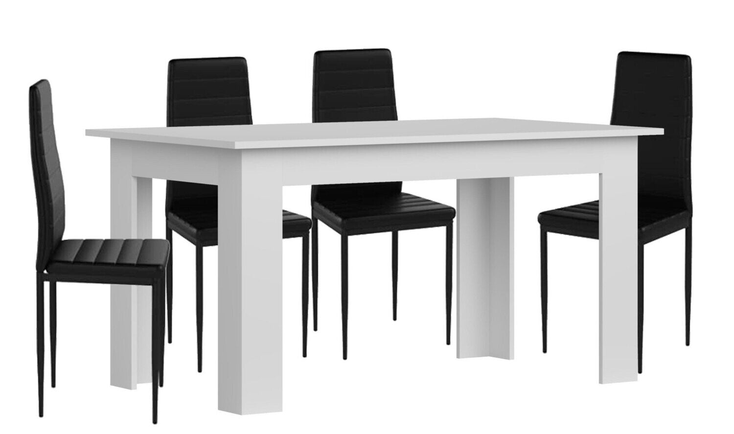 Pack mesa de comedor o cocina blanco + 4 sillas en polipiel/metal negro
