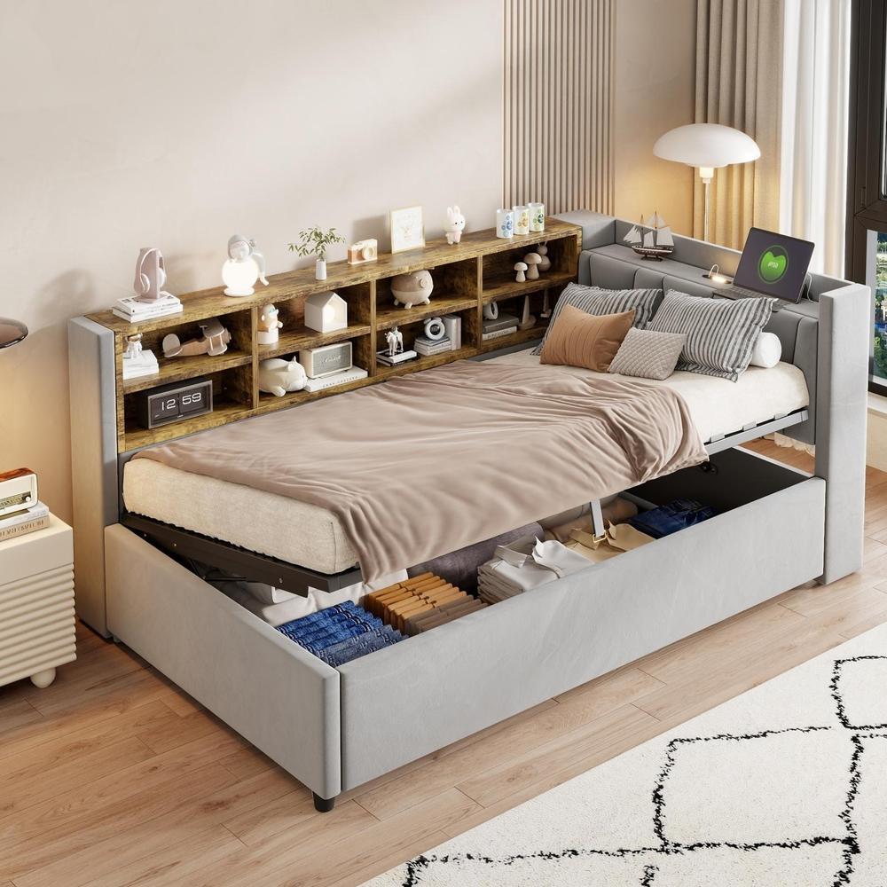 Cama de día 90x200cm con arcón hidráulico, usb c, estantes, gris claro