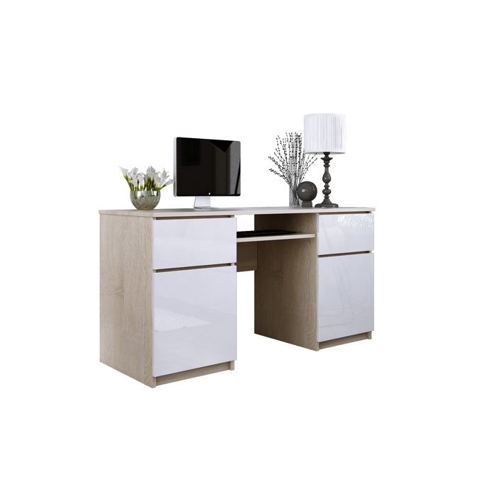 Escritorio: 2 cajones, roble sonoma / blanco brillante, 135 x 77 x 50 cm