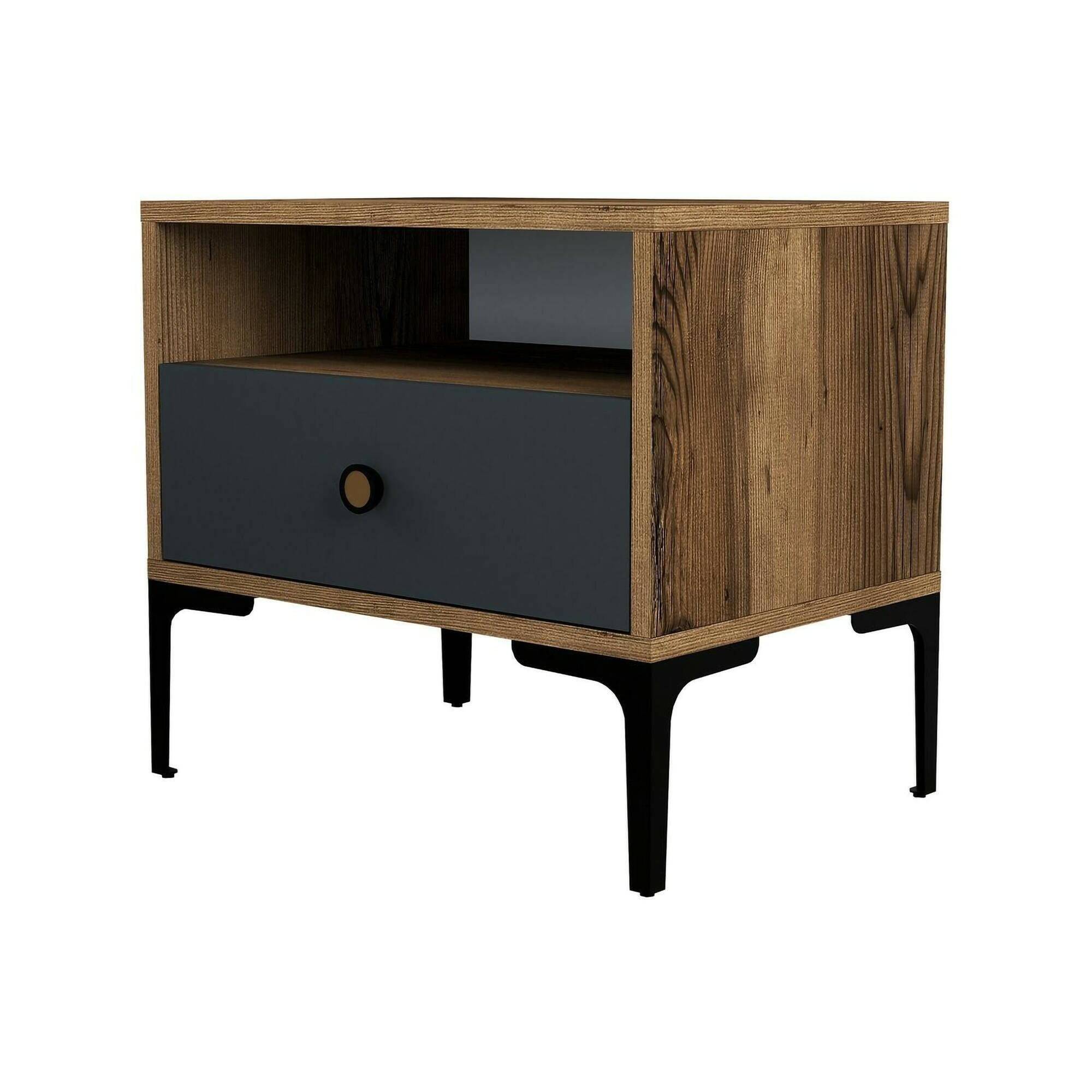 Mesita de noche editta, 2 estantes, madera marrón nogal 56x40x51h cm
