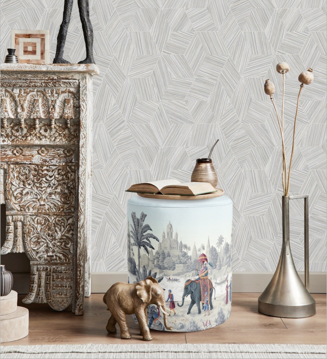 Papel pintado gaulan hexágonos gris y líneas plata en 10.6m²