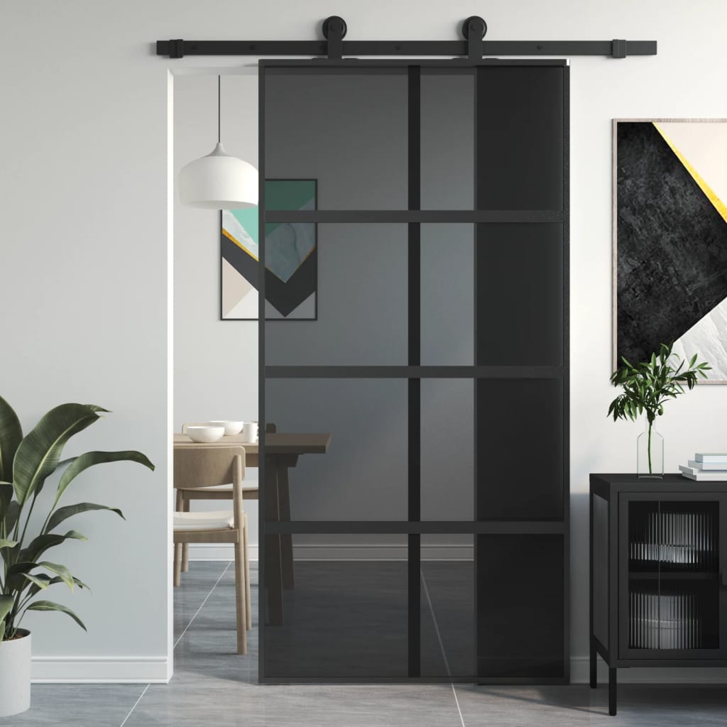Puerta corredera vidrio templado y aluminio negra 102,5x205 cm esxt9519
