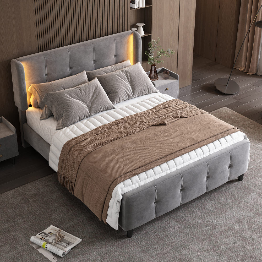 Cama tapizada 140x200cm con LED y cabecero regulable terciopelo – gris