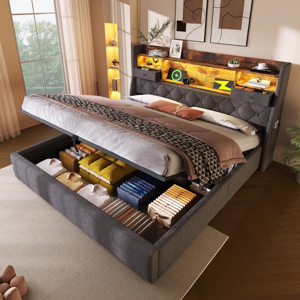 Cama tapizada 180x200cm con almacenaje hidráulico y LED lino – color gris