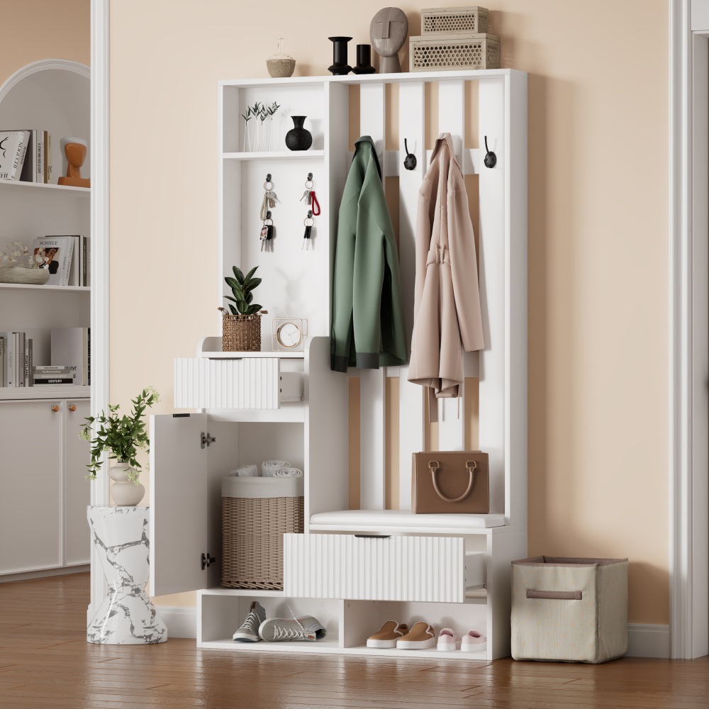 Mueble recibidor con banco 2 cajones 1 armario blanco 180x100x30cm