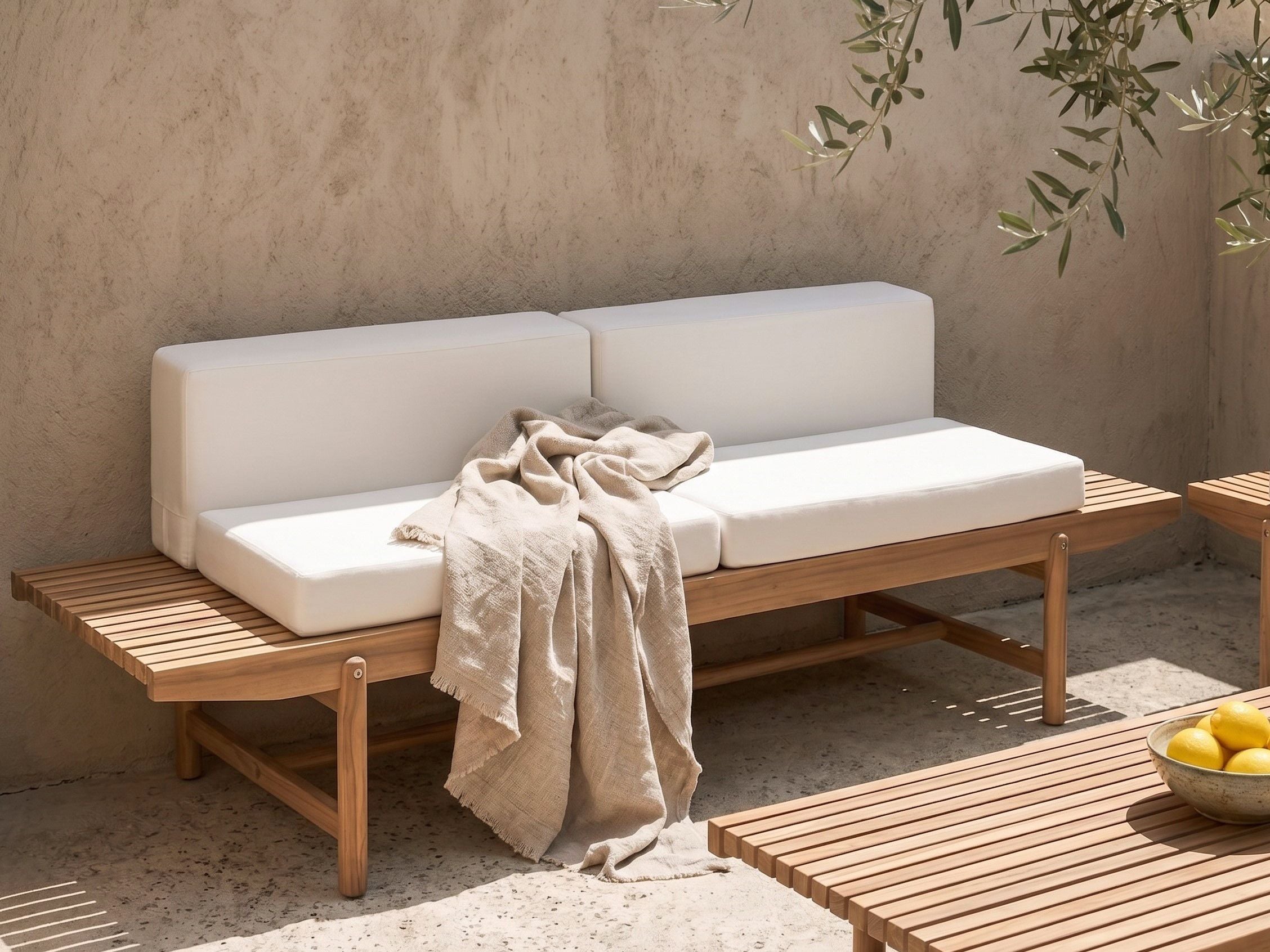 Banco de jardín con cojín giaveno 210 cm madera de acacia blanco crema
