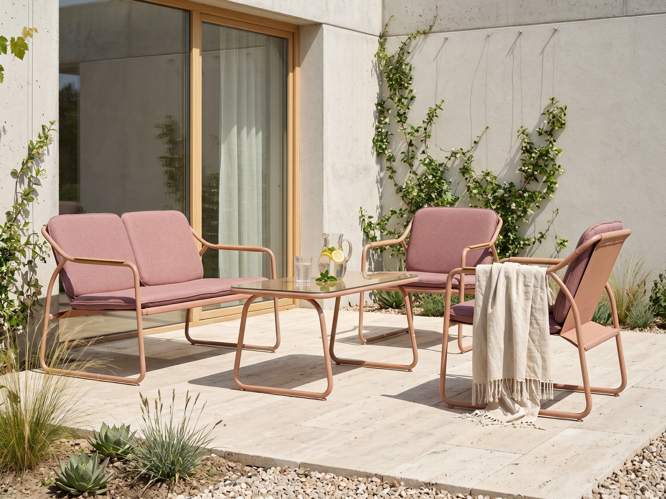 Conjunto de jardín con mesa 4 plazas calascio metal marrón