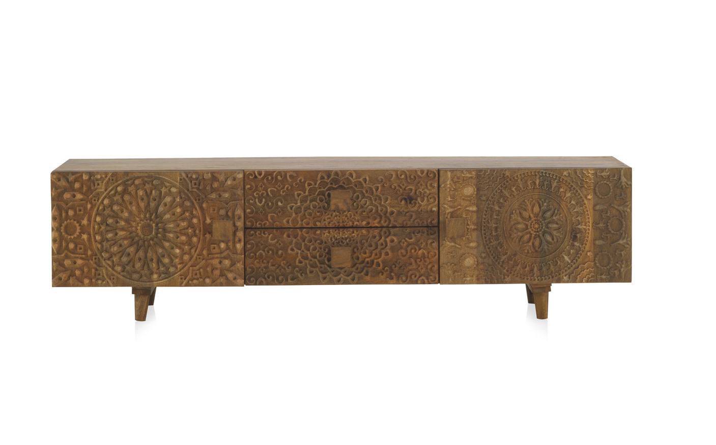 Mueble tv madera mango natural 2 puertas 2 cajones, 150x38x40cm