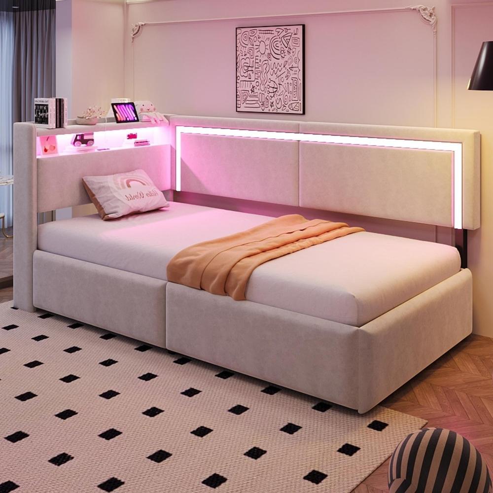 Cama abatible tapizada terciopelo con LED usb 90x200cm beige