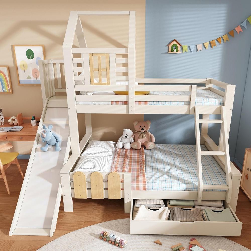 Litera infantil casa 90x200 y 140x200cm con tobogán y cajón
