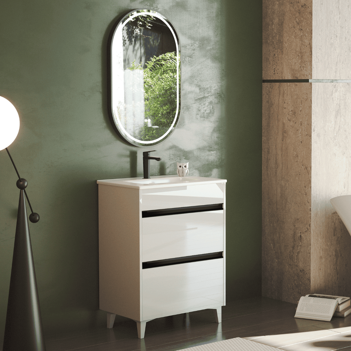 Mueble a suelo lavabo fondo reducido |2 cajones | 60 cm blanco tir. Negro