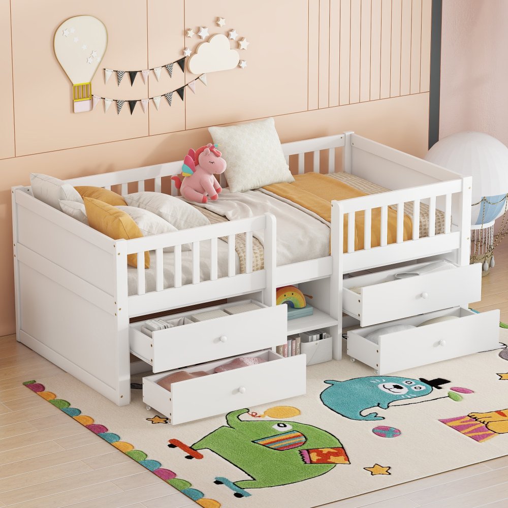 Cama semialta 90x200cm con cajones, barandilla y escalera pino y mdf blanco