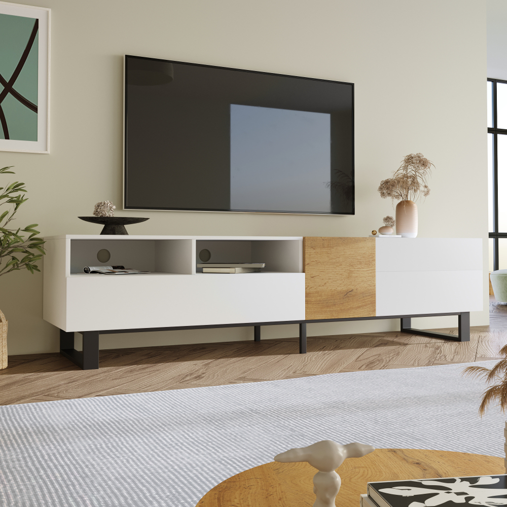 Mueble de tv 2 puertas 2 cajones blanco efecto madera 50x180x38cm