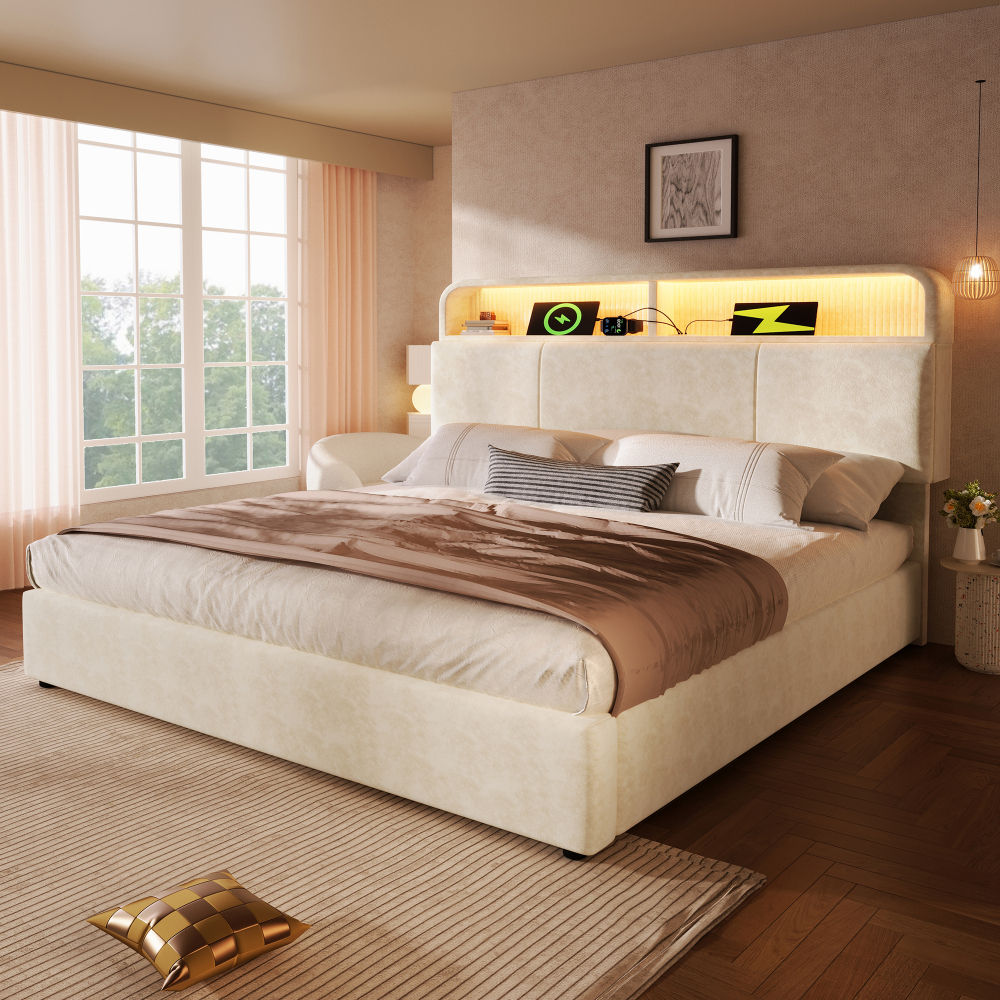 Cama tapizada 160x200 cm con canapé, LED y usb tipo c terciopelo – beige