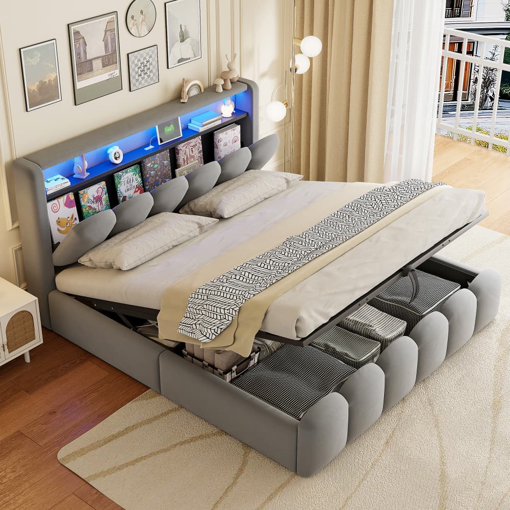 Cama 180x200cm con sistema hidráulico, luz LED y usb en terciopelo gris