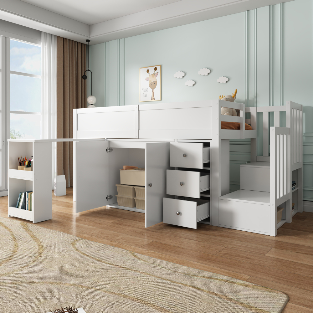 Cama alta 90x200 cm con escritorio extraíble y almacenaje mdf – blanco
