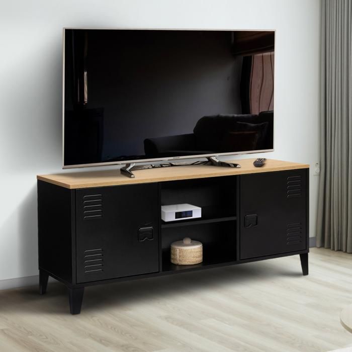 Mueble tv 2 puertas - metal negro - tablero de madera - 113 cm