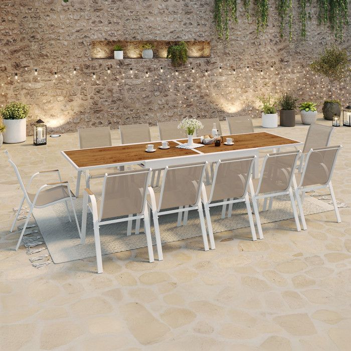 Salón de jardín de 12 plazas en blanco y madera - 135 x 270 cm