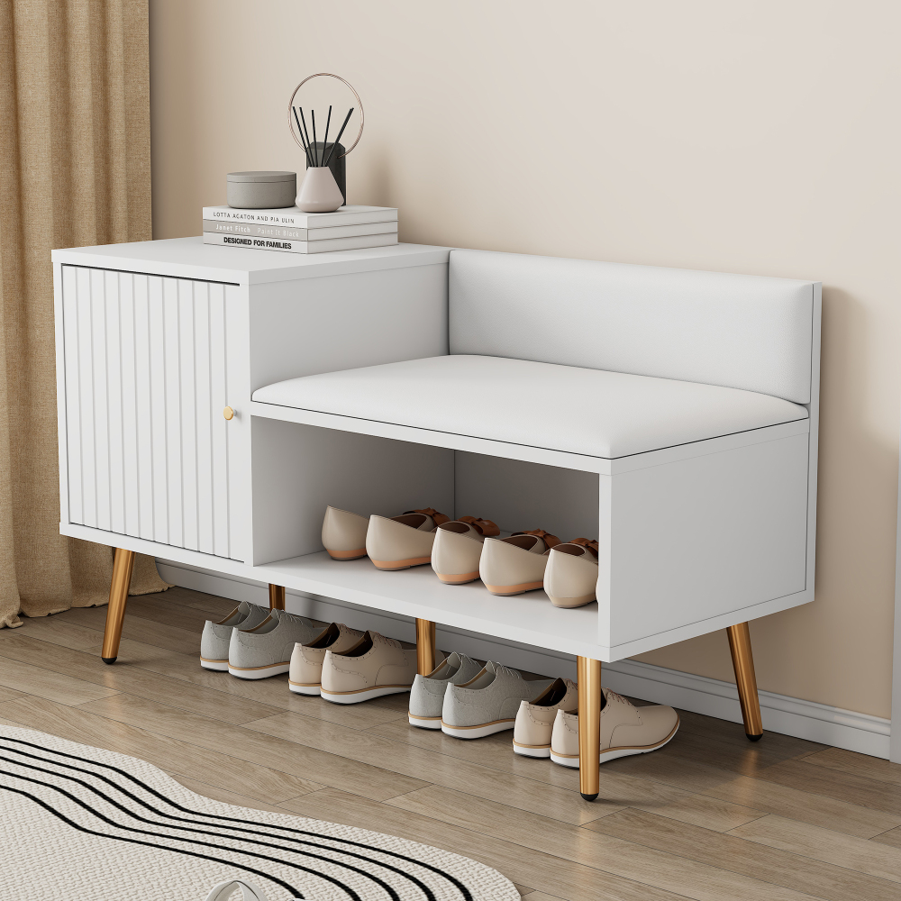 Zapatero con asiento acolchado y respaldo blanco 58x100x38cm