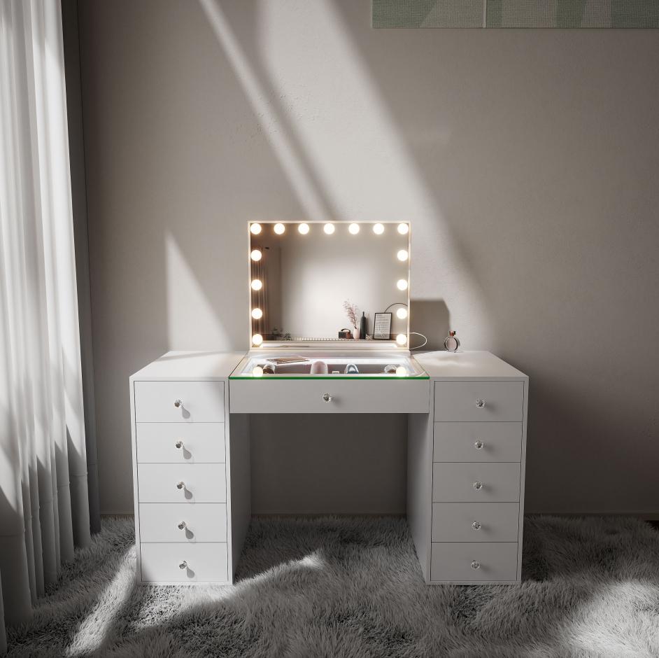 VANITII Tocador de maquillaje con luz espejo blanco 130 x 55 x 127 cm