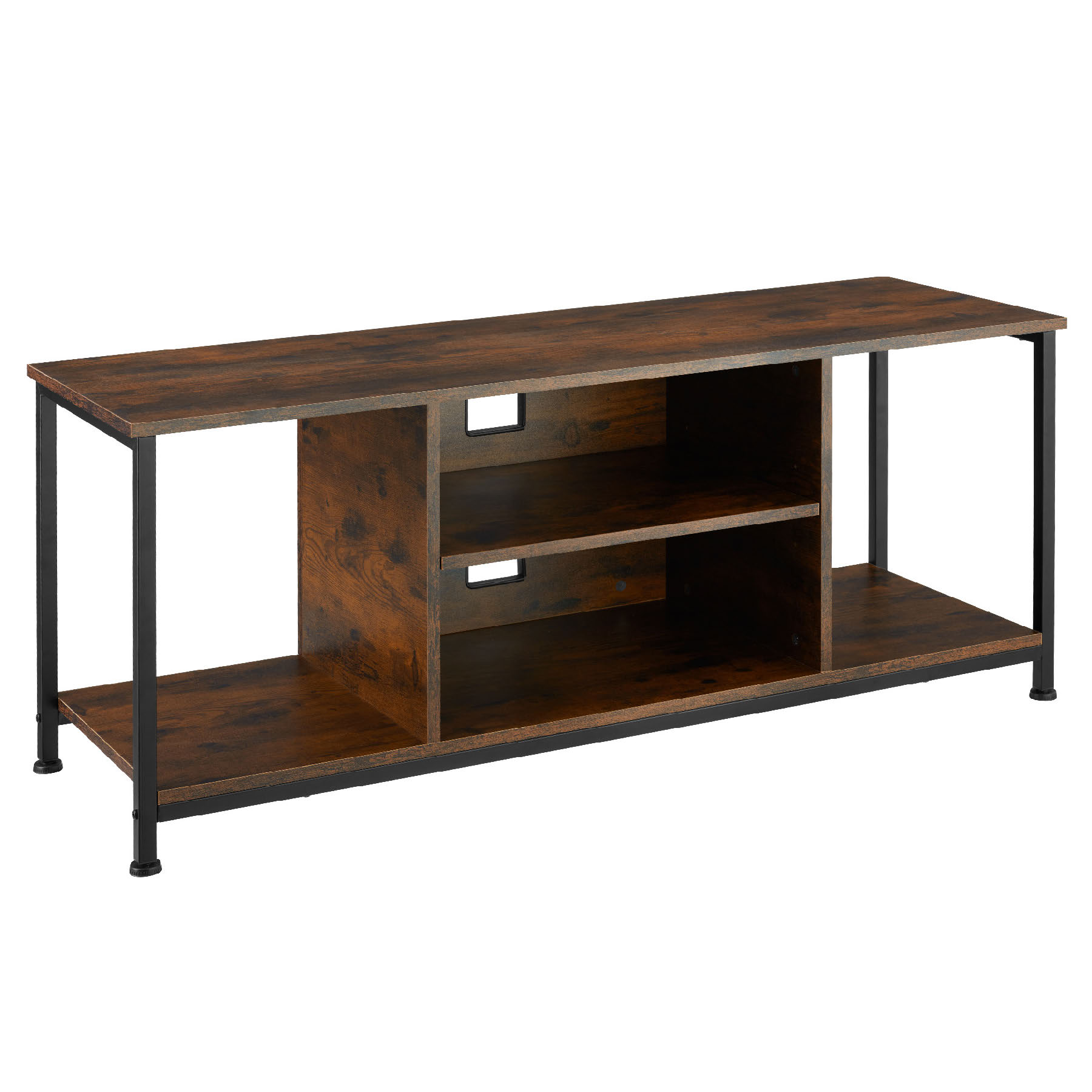 Mueble bajo tv con 4 estantes fijos y uno ajustable, madera oscura